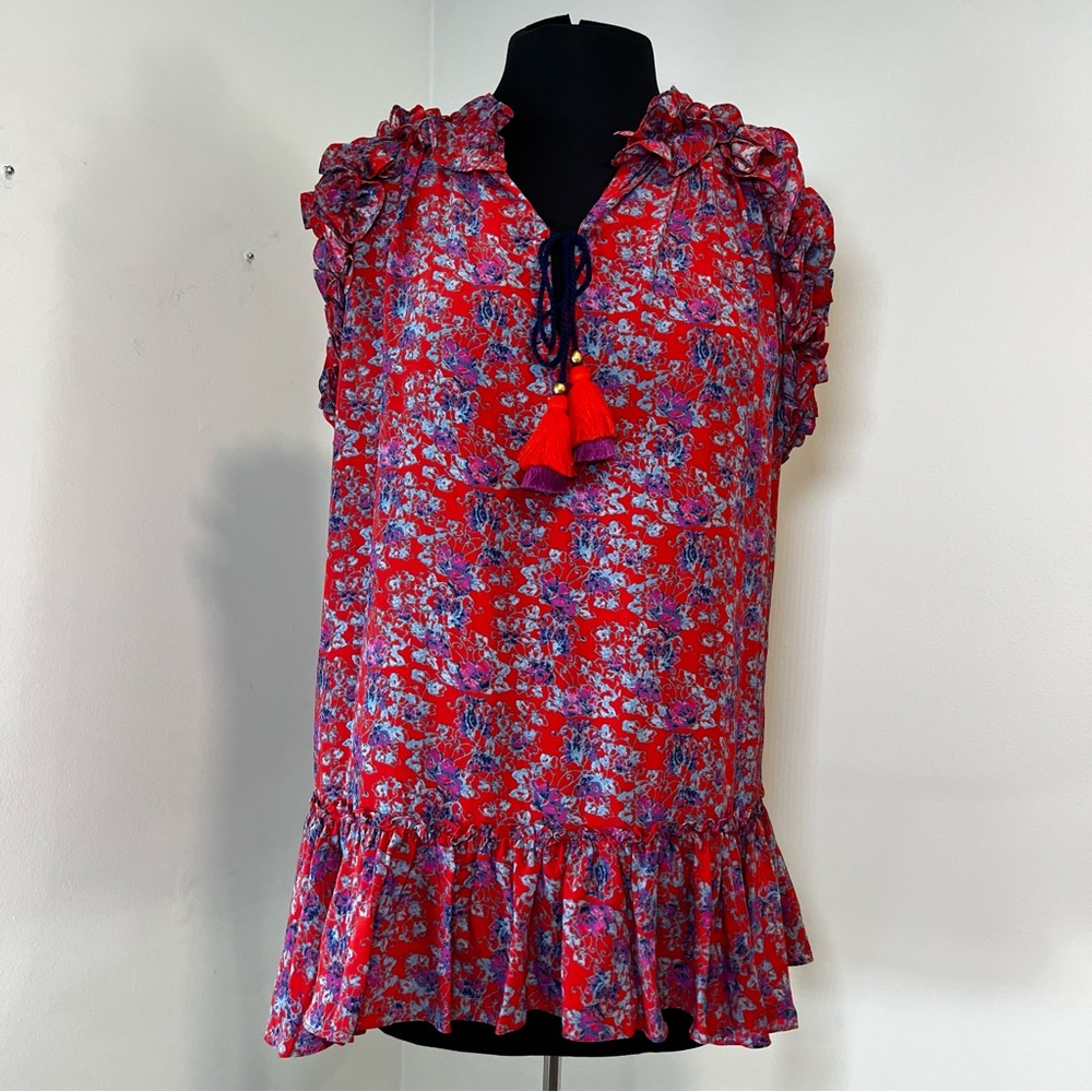 Figue Ruffle Top Floral Blouse Tassel Tie Gianna 100% Silk XL